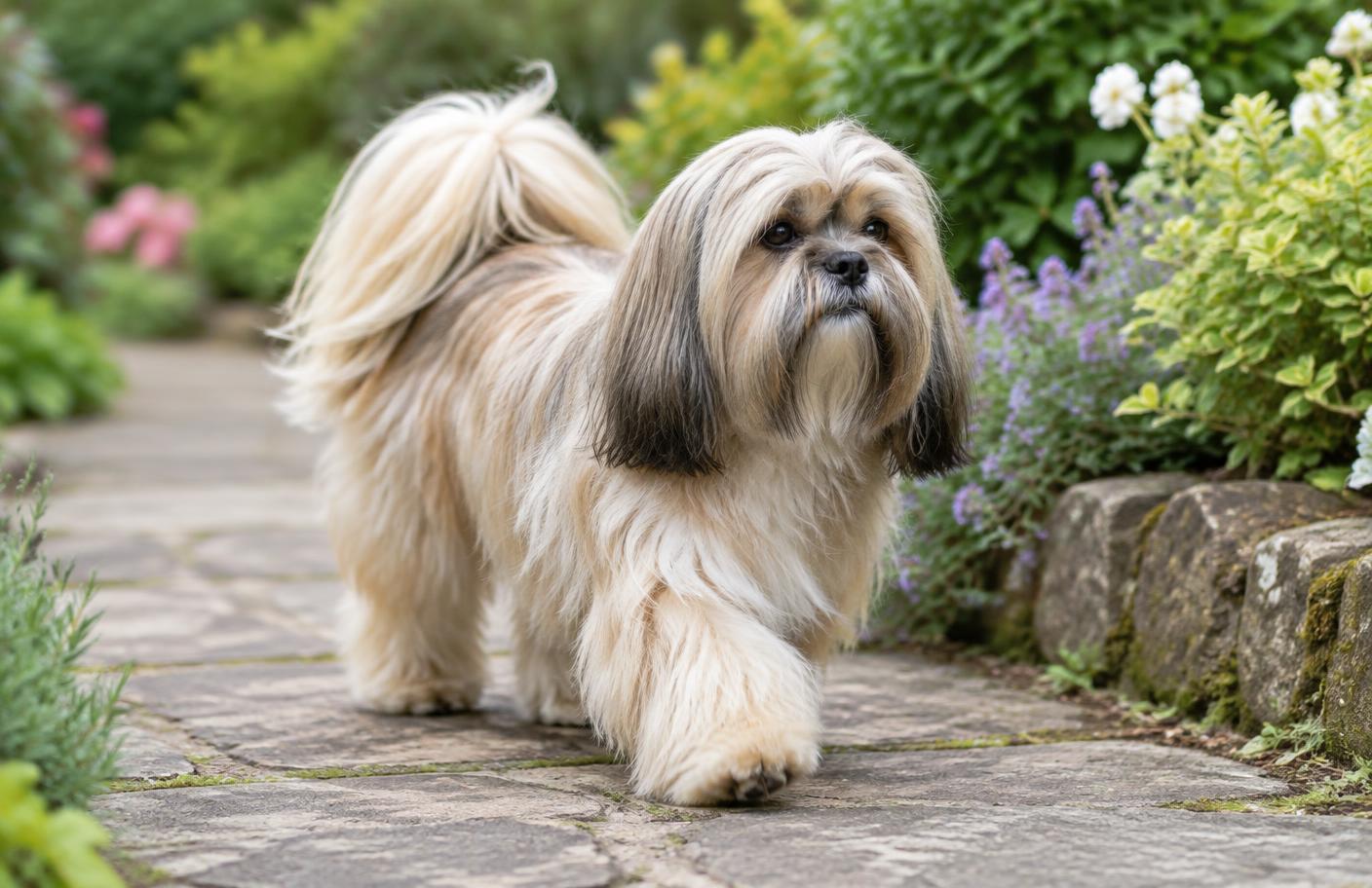 A Lhasa Apso in a short clip walking along a garden path