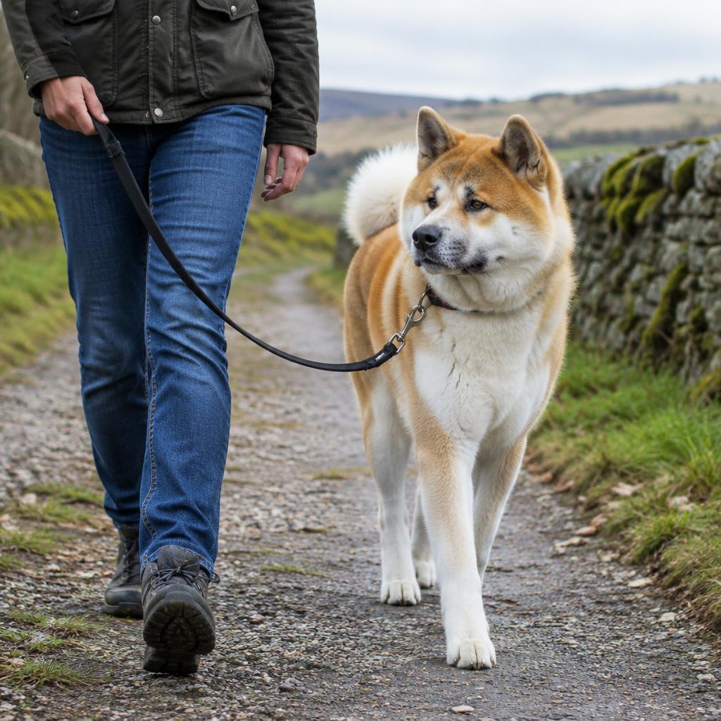 An Akita walking on a lead in a park