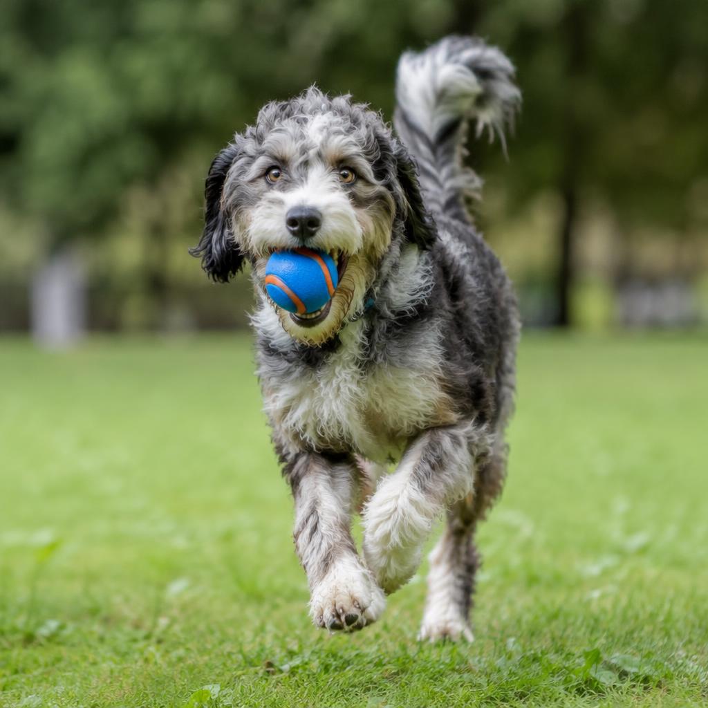 An Aussiedoodle running through a field chasing a ball