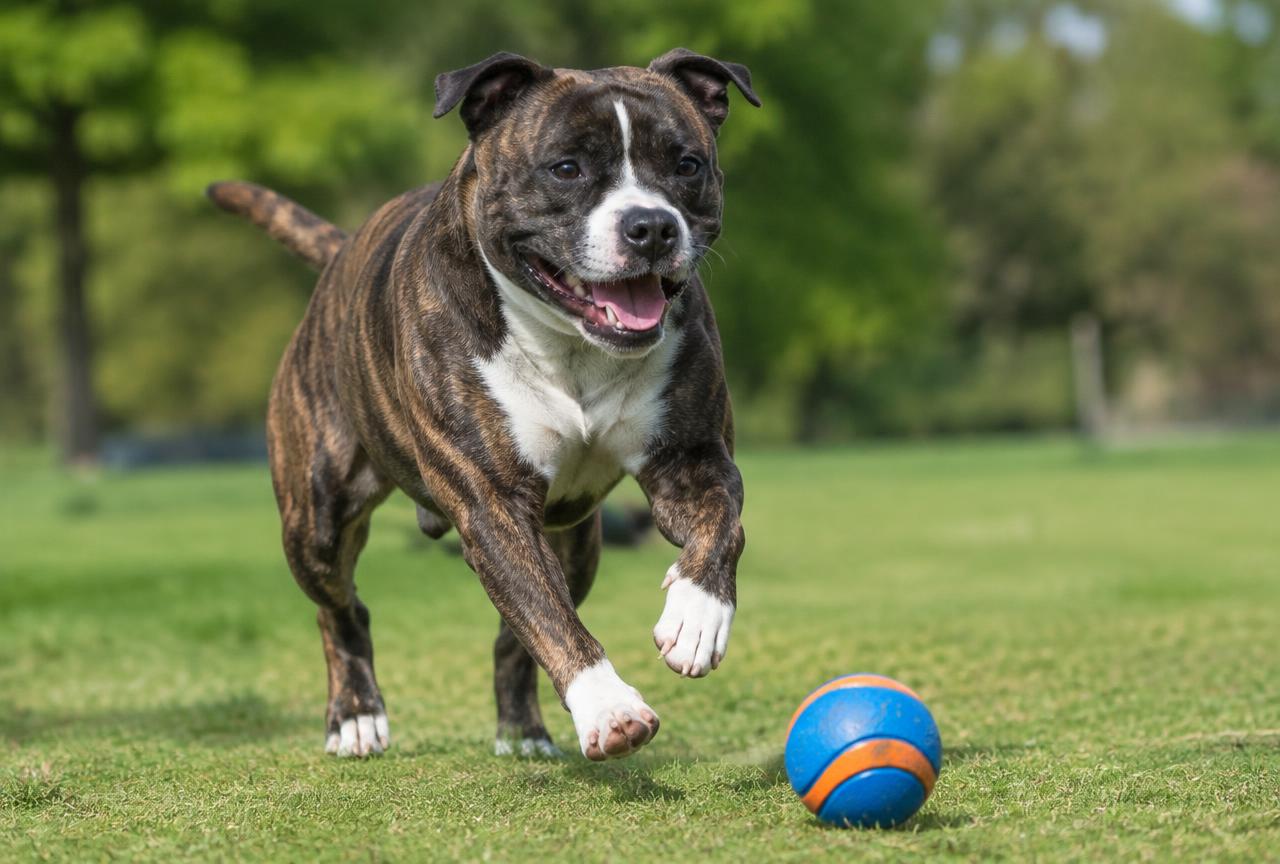 A Staffordshire Bull Terrier playing tug outdoors on a lead
