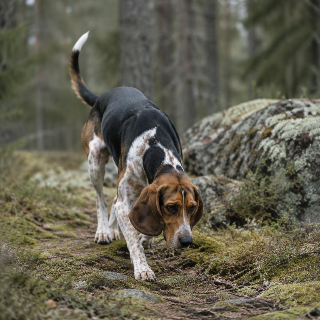 A Treeing Walker Coonhound following a scent on a forest trail