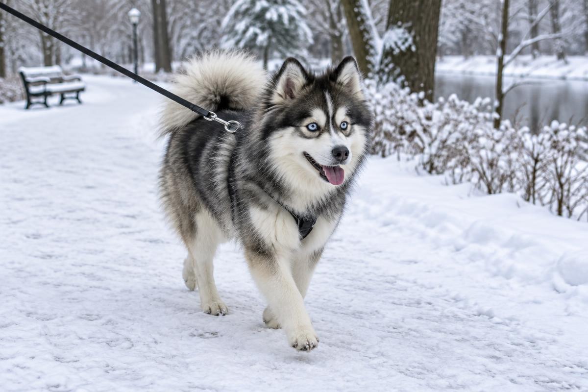A Pomsky trotting on a lead along a snowy park path