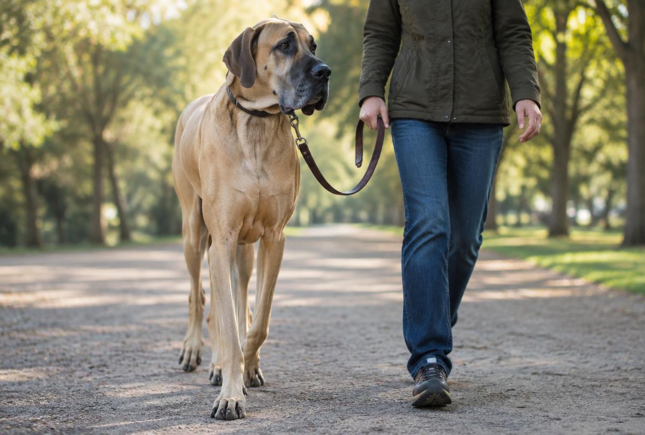 A Great Dane walking calmly on a lead in a park
