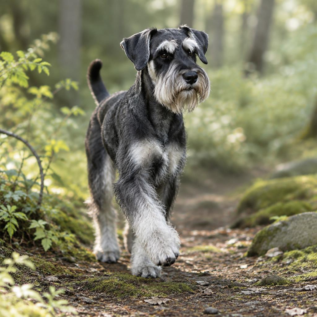 A Standard Schnauzer running through a park