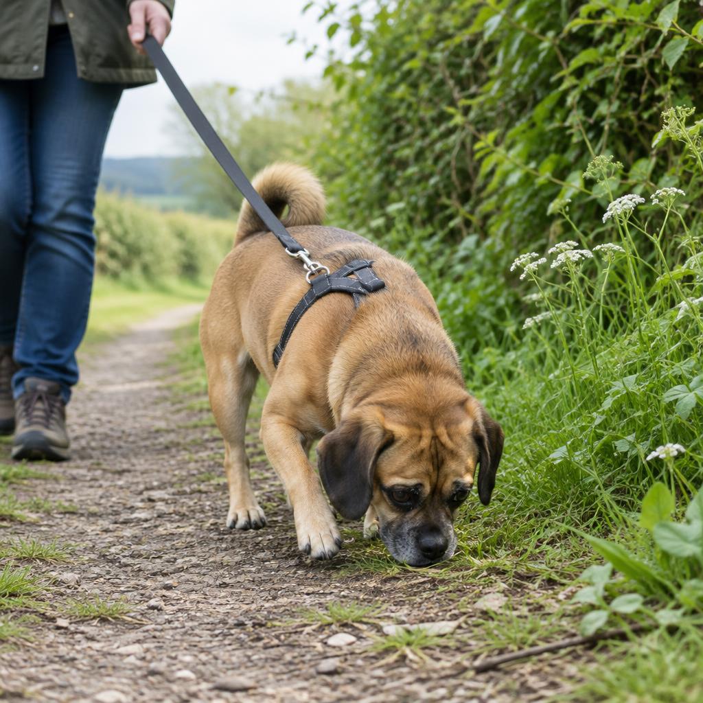 A Puggle sniffing the ground on a countryside path
