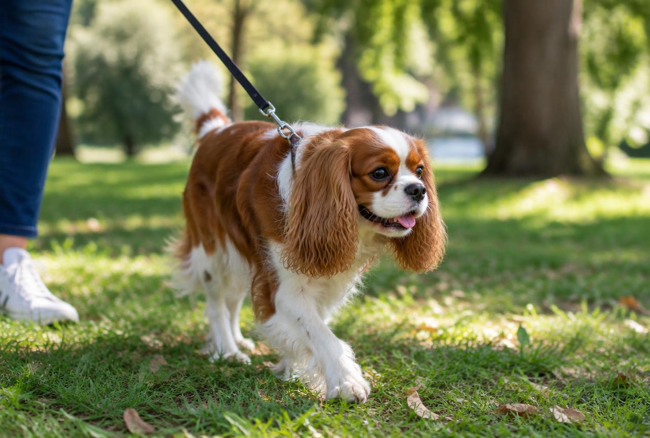 A Cavalier King Charles Spaniel walking on a lead in a park