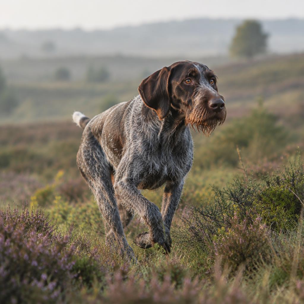 A German Wirehaired Pointer pointing in rough cover