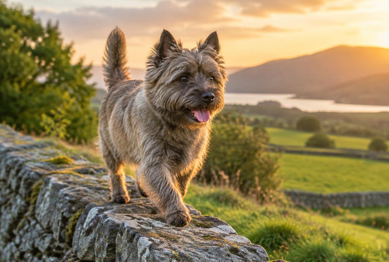 A Cairn Terrier digging happily in a garden flowerbed.