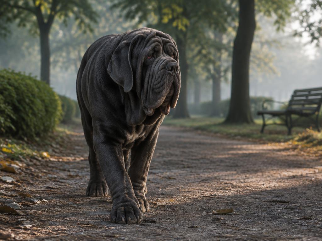 A Neapolitan Mastiff walking slowly along a shaded park path.