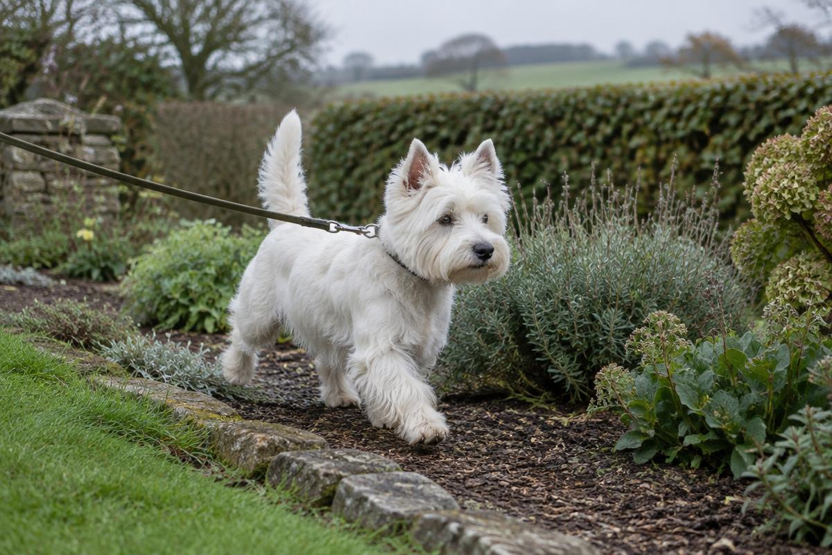 A West Highland White Terrier digging in a garden