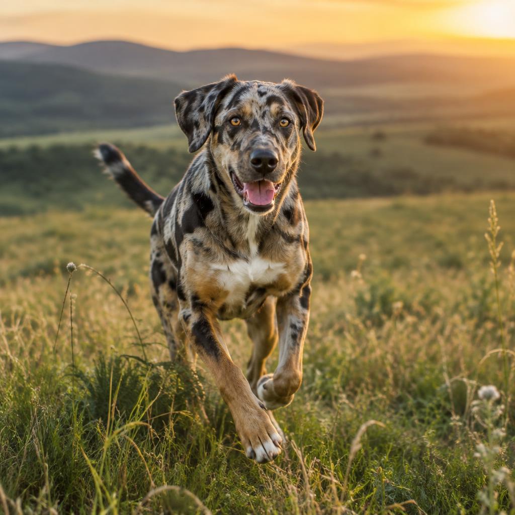 A Catahoula Leopard Dog running through a field