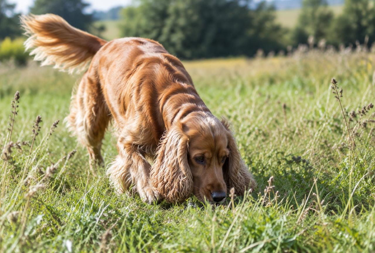 An English Cocker Spaniel following a scent trail through a field.