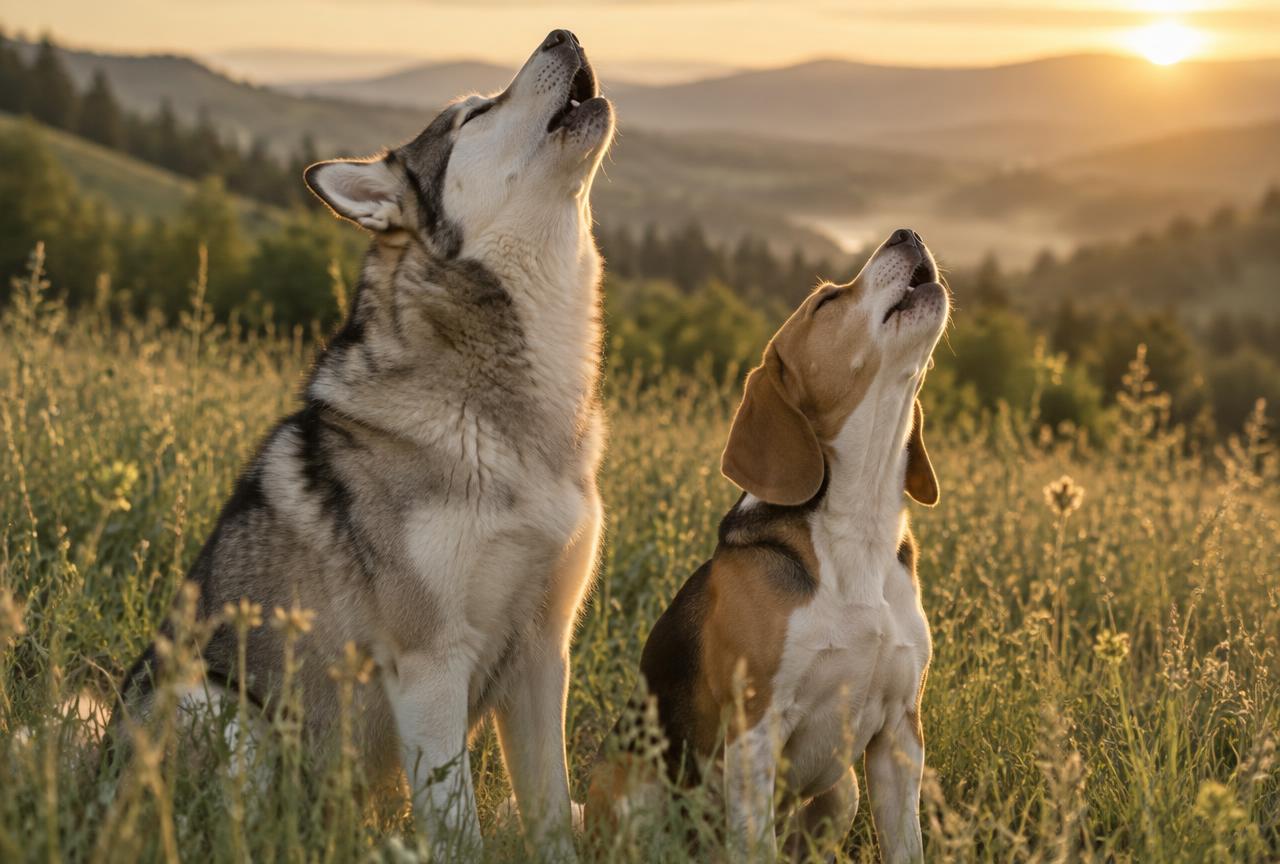 A husky and a beagle sitting side by side in tall golden meadow grass, both heads raised mid-howl