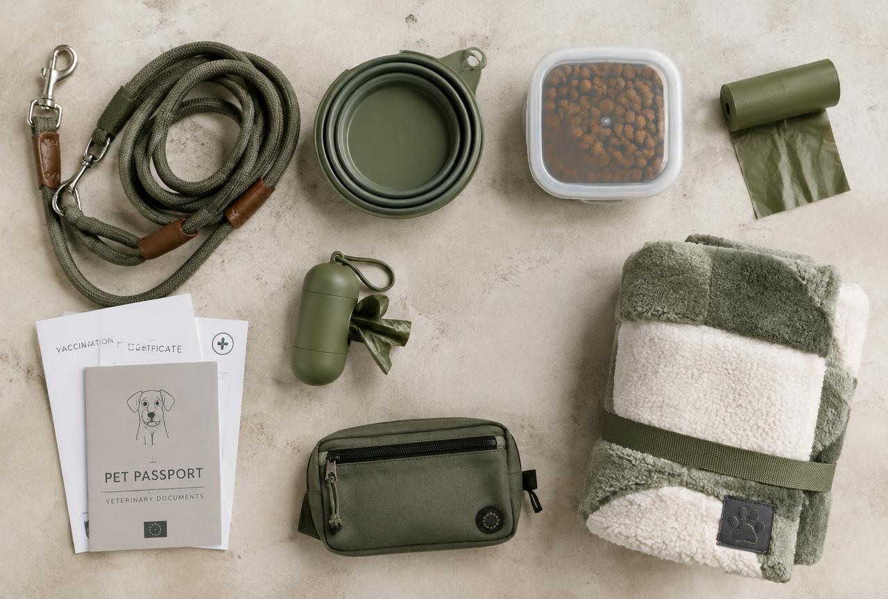 A complete dog travel packing kit