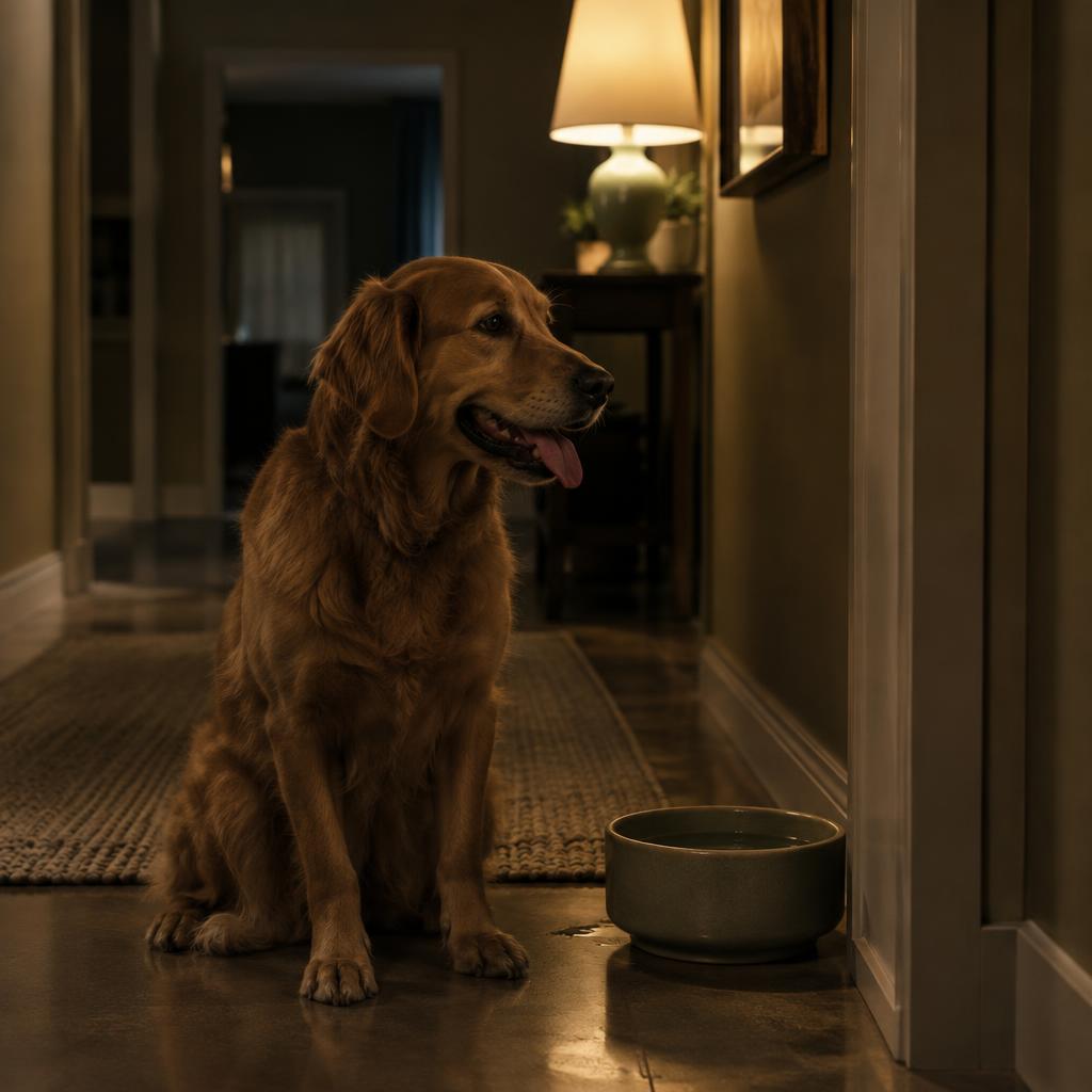 A dog panting beside its water bowl in a dim hallway at night