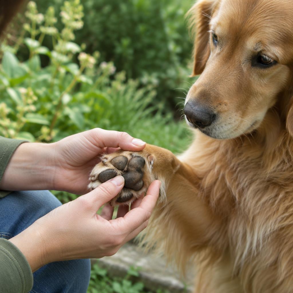 A person examining a dog's paw outdoors