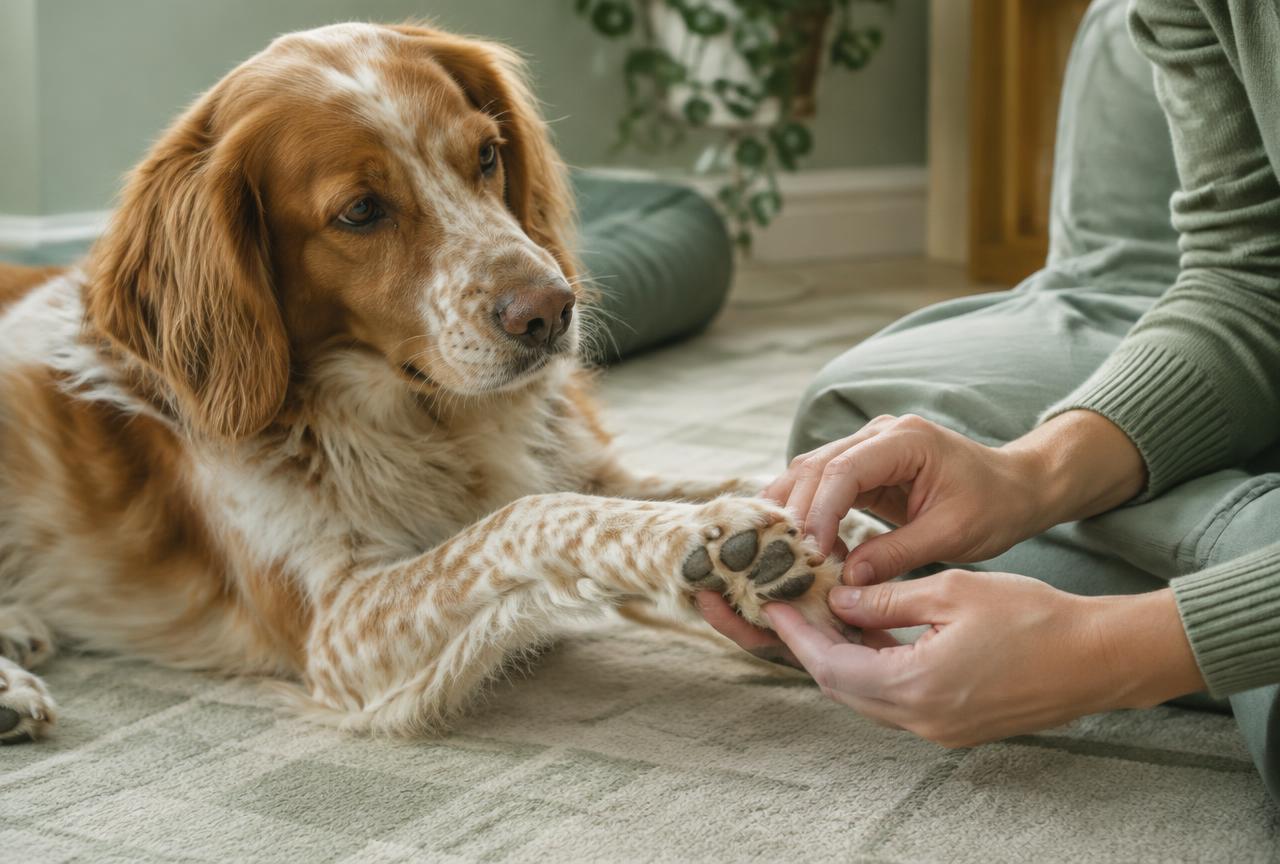 Owner gently checking a dog's paw pad for thorns or cuts
