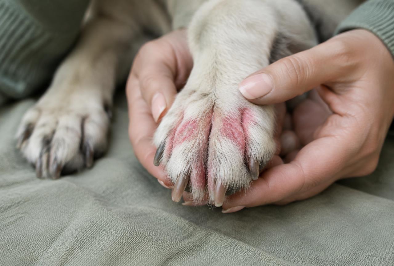 Close-up of a dog's paw with pink irritated skin between the toes, held gently by its owner