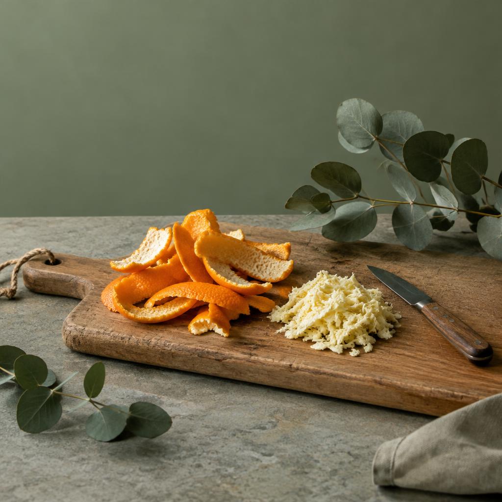 Orange peel and pith piled on a chopping board with a knife