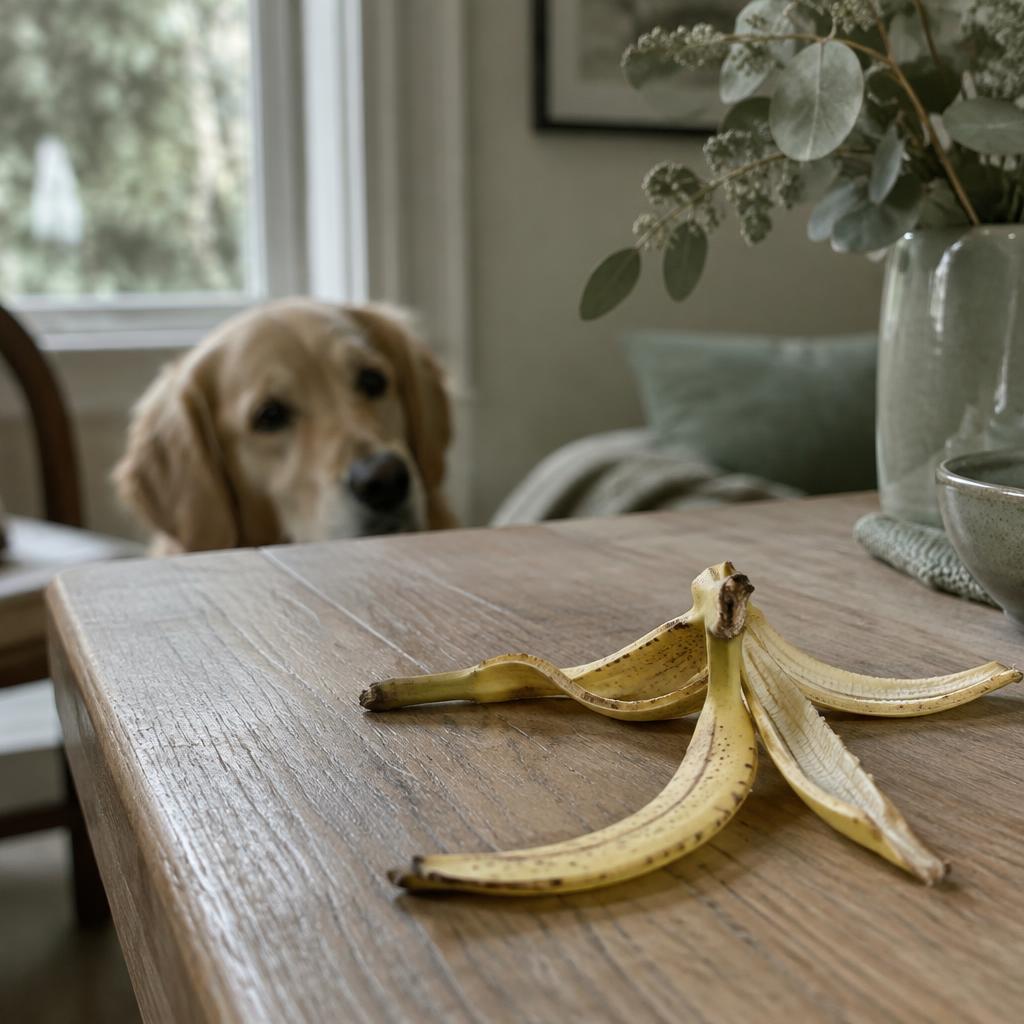 A banana peel on a table with a dog watching in the background