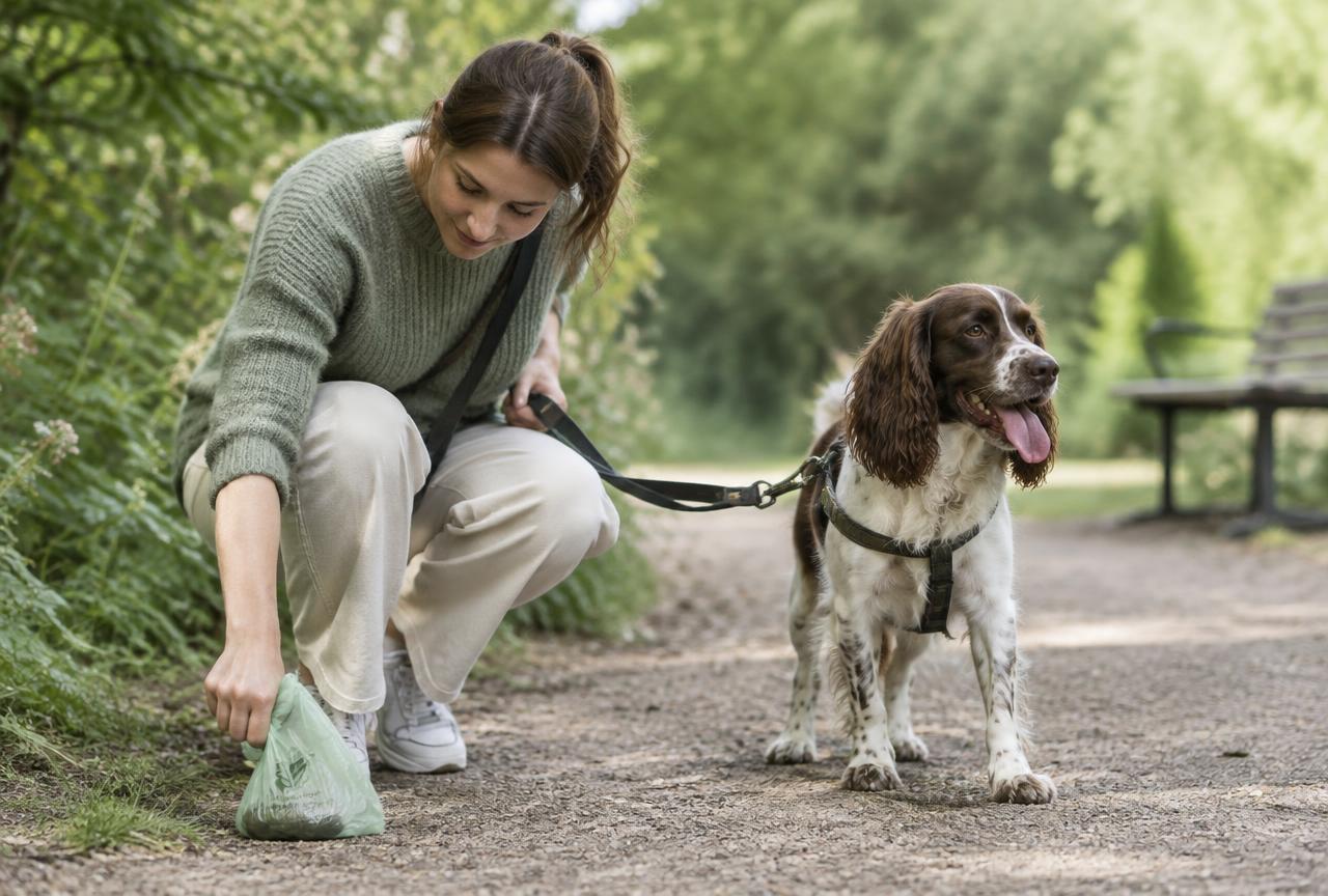 A woman in a sage jumper crouching on a park path to pick up after her brown and white springer spaniel with a compostable bag