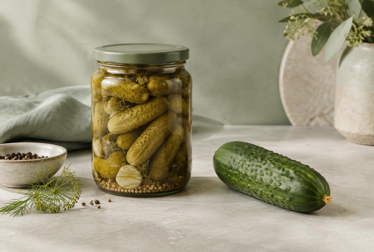 A jar of pickled gherkins beside a fresh cucumber