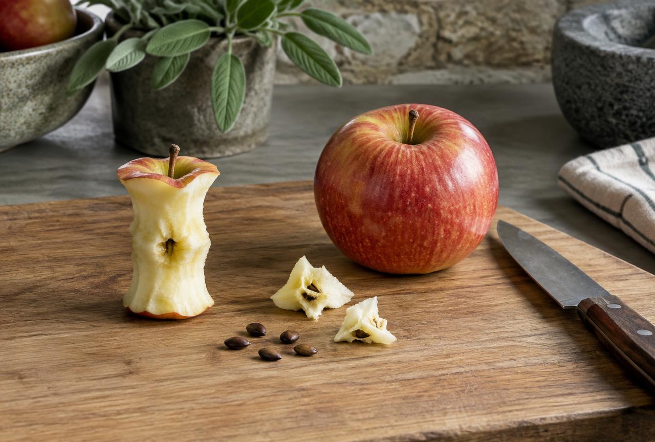 The apple core and pips that must be removed before serving