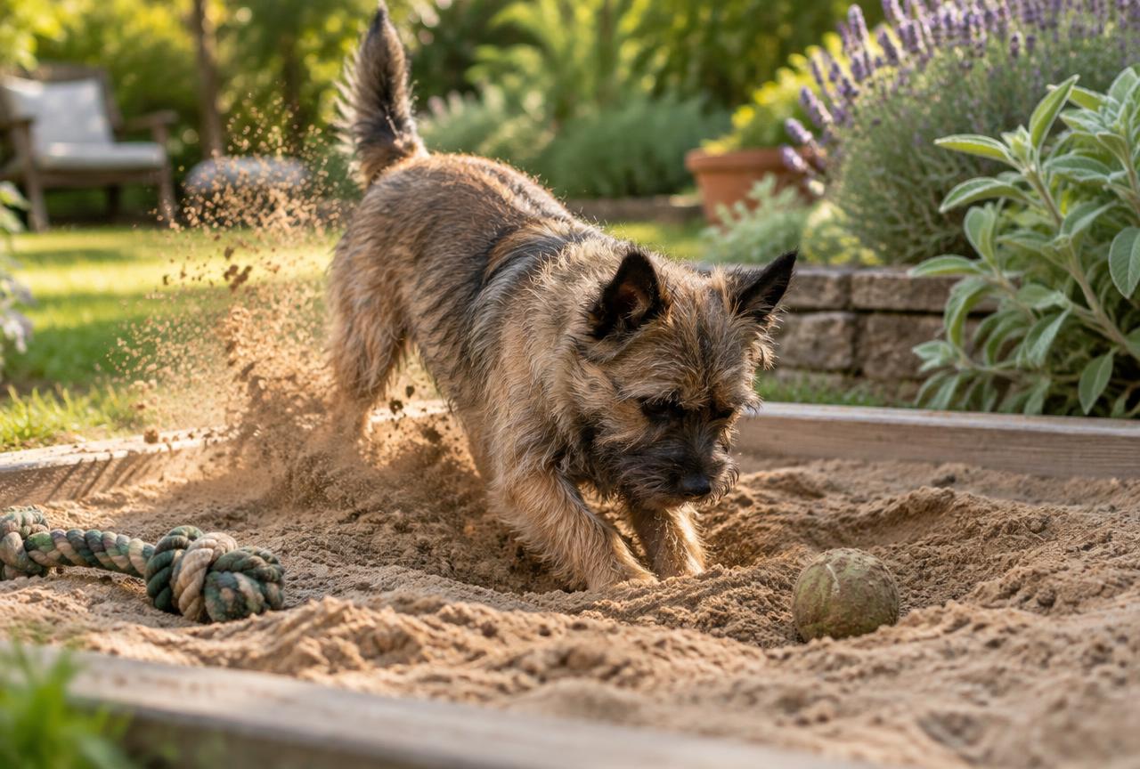 A cairn terrier digging energetically in a designated sand digging pit in a garden, sand flying, toys beside it