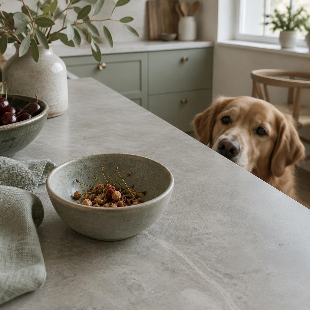 Cherry stems and pits in a small bowl kept away from a curious dog