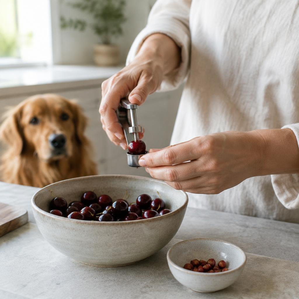 Hands pitting fresh cherries over a bowl with a dog watching in the background