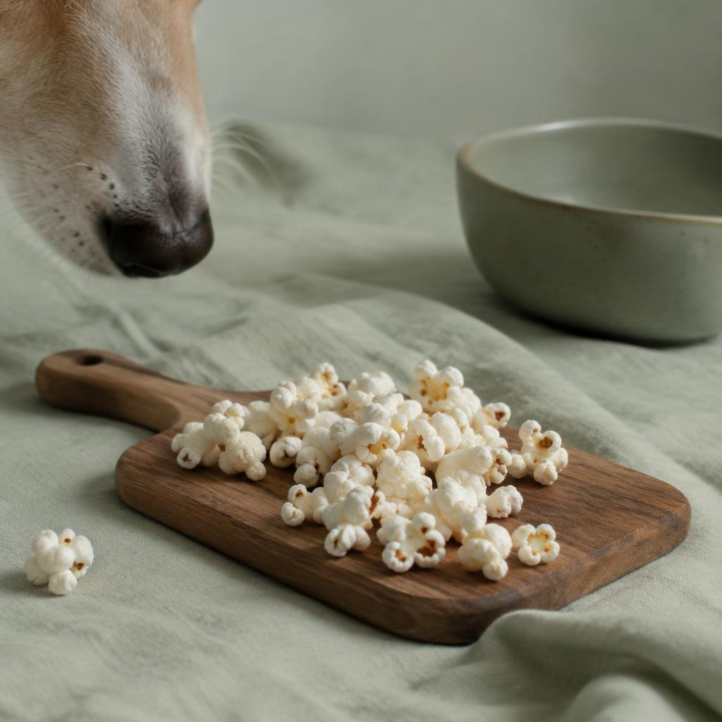 Plain air-popped popcorn on a wooden board with a dog's nose at the frame edge