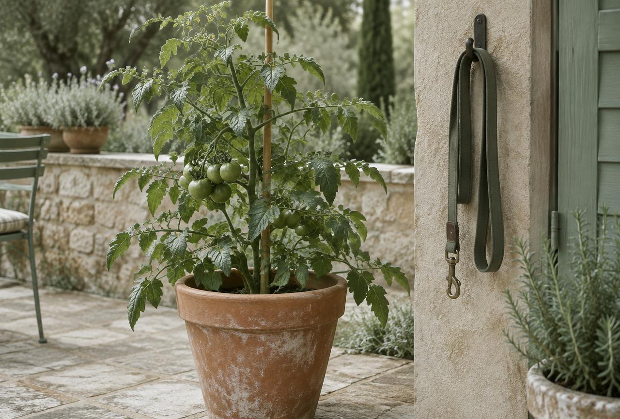 A tomato plant in a terracotta pot on a garden terrace