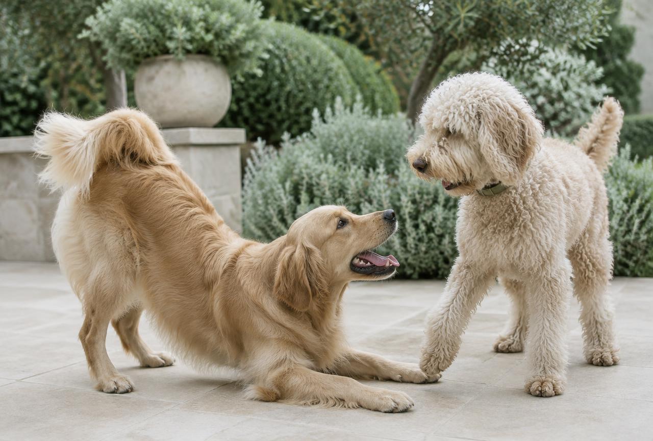 Two dogs playing boisterously on a garden terrace, one play-bowing