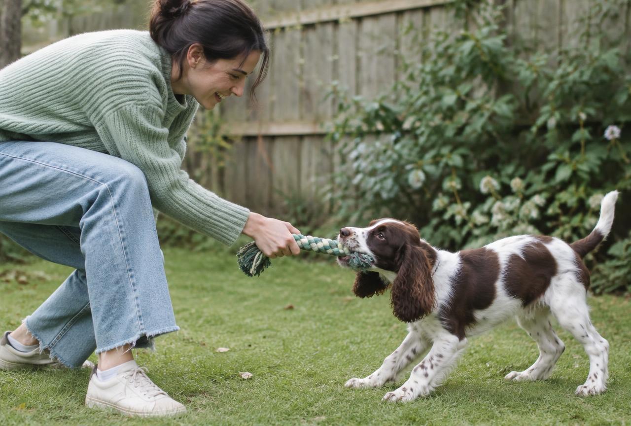 A woman in a green jumper playing tug with a brown and white springer spaniel puppy in a fenced garden