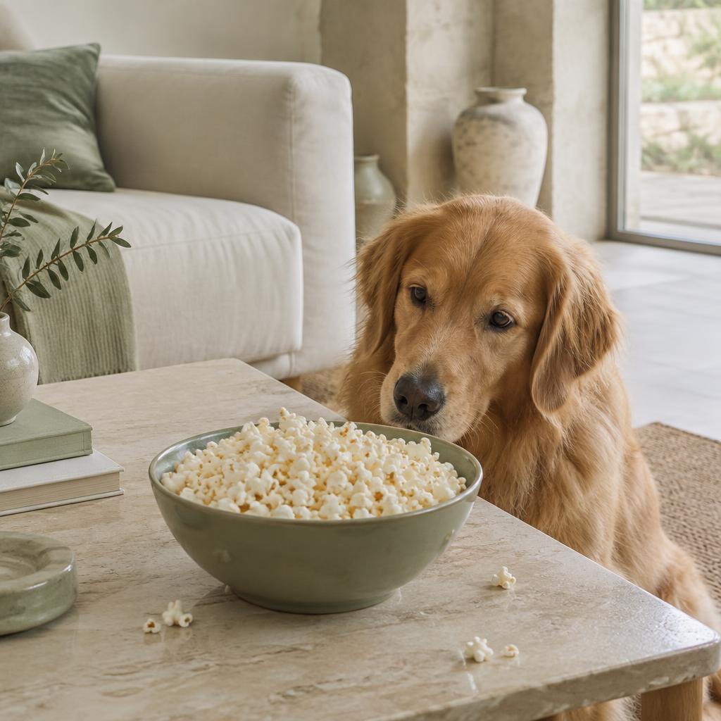 A bowl of plain popcorn on a low table with a dog watching hopefully