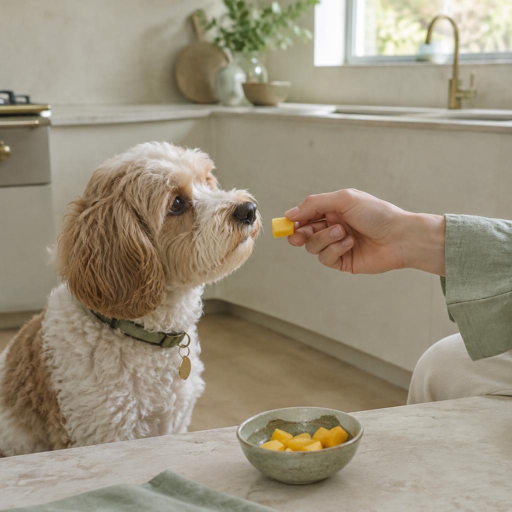 A small dog being offered one cube of mango by a person's hand