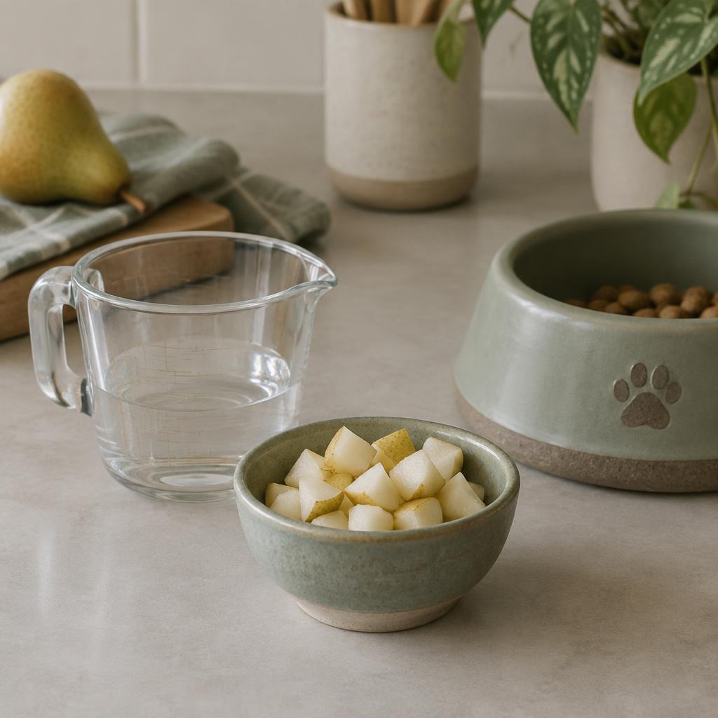 A small bowl of diced pear beside a measuring cup and a dog bowl