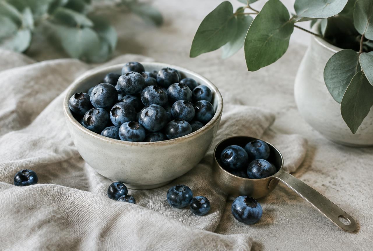 Fresh blueberries in a pale ceramic bowl with a measuring spoon on a linen cloth