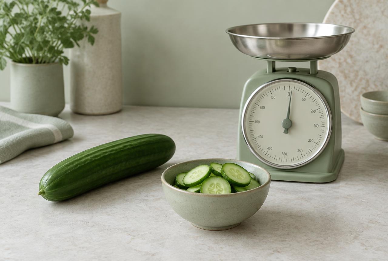 A cucumber beside a kitchen scale and a small bowl of measured slices