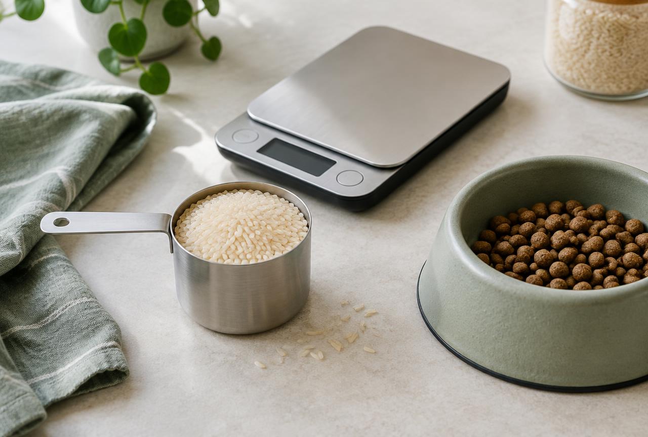 A measuring cup of rice beside a kitchen scale and a food bowl