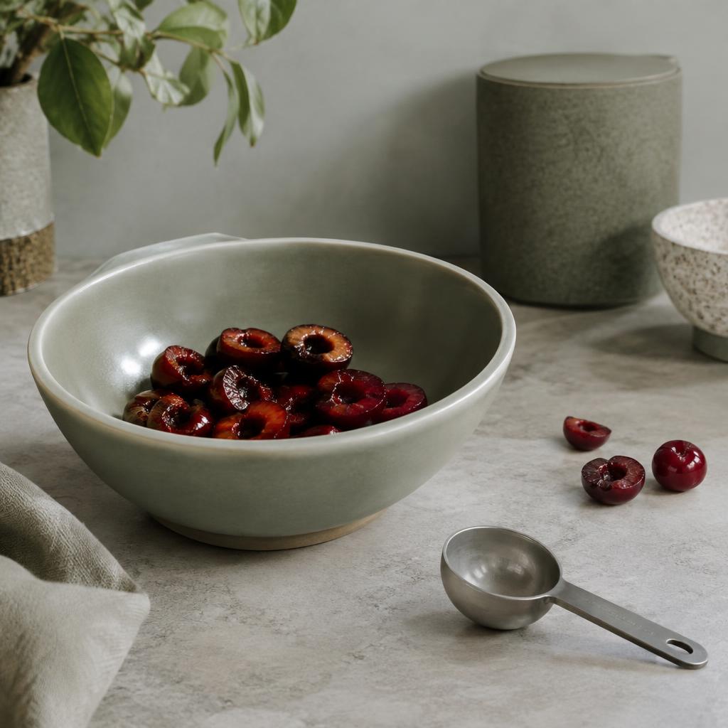 A small portion of pitted cherry halves in a bowl beside a measuring spoon