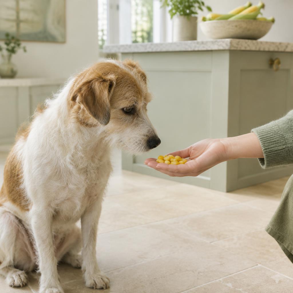 A person's hand offering a few sweetcorn kernels to a small dog