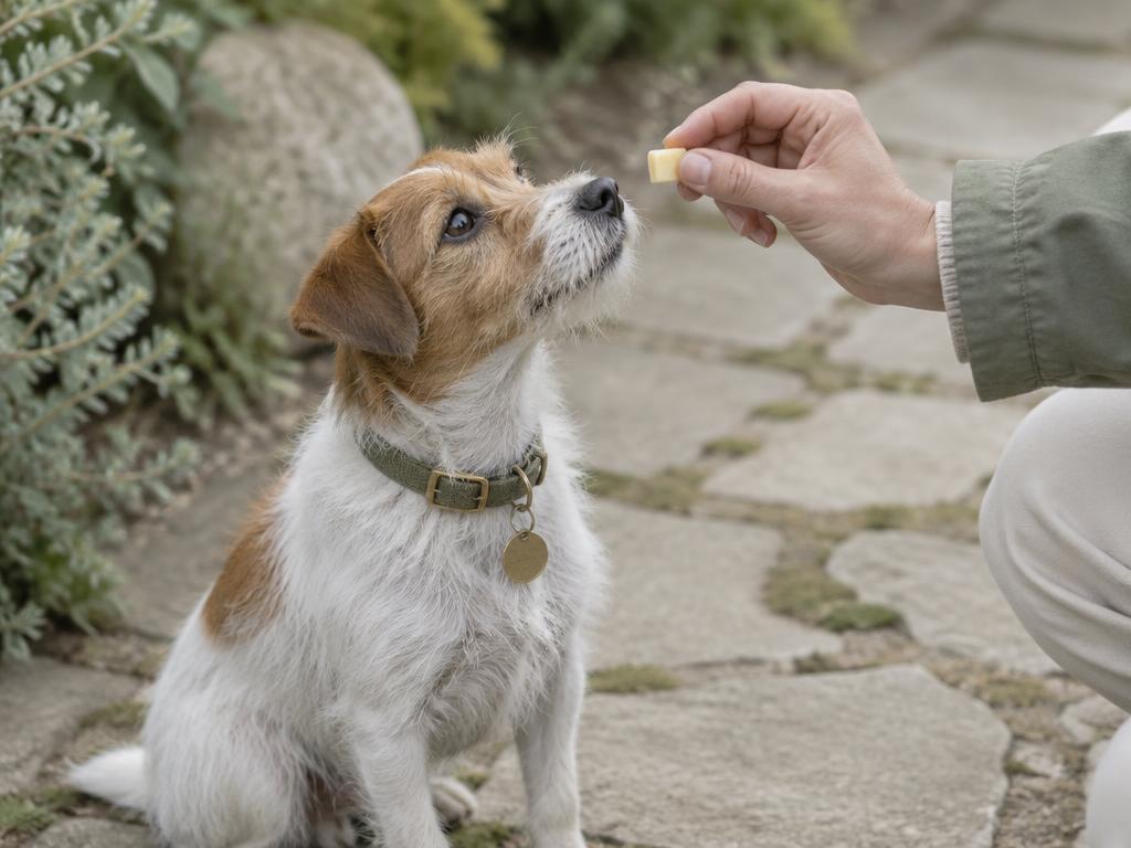 A hand giving a small terrier a tiny cube of cheese as a training treat on a stone path