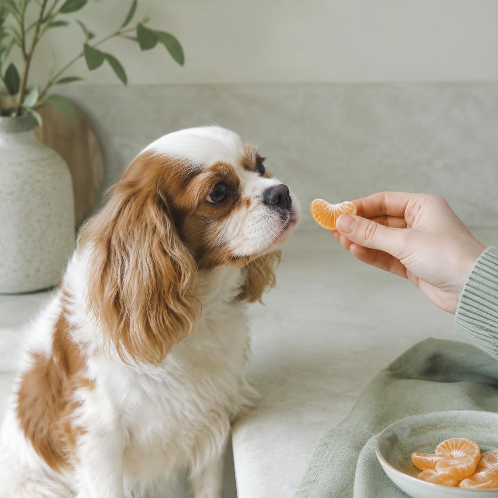 A small dog being offered one orange segment by a person's hand