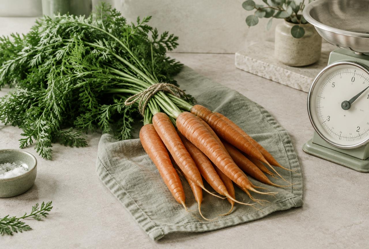 Fresh carrots with green tops on a linen cloth beside a kitchen scale