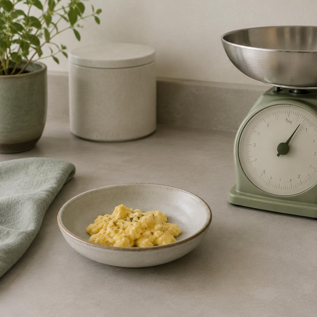 A small portion of scrambled egg beside a kitchen scale