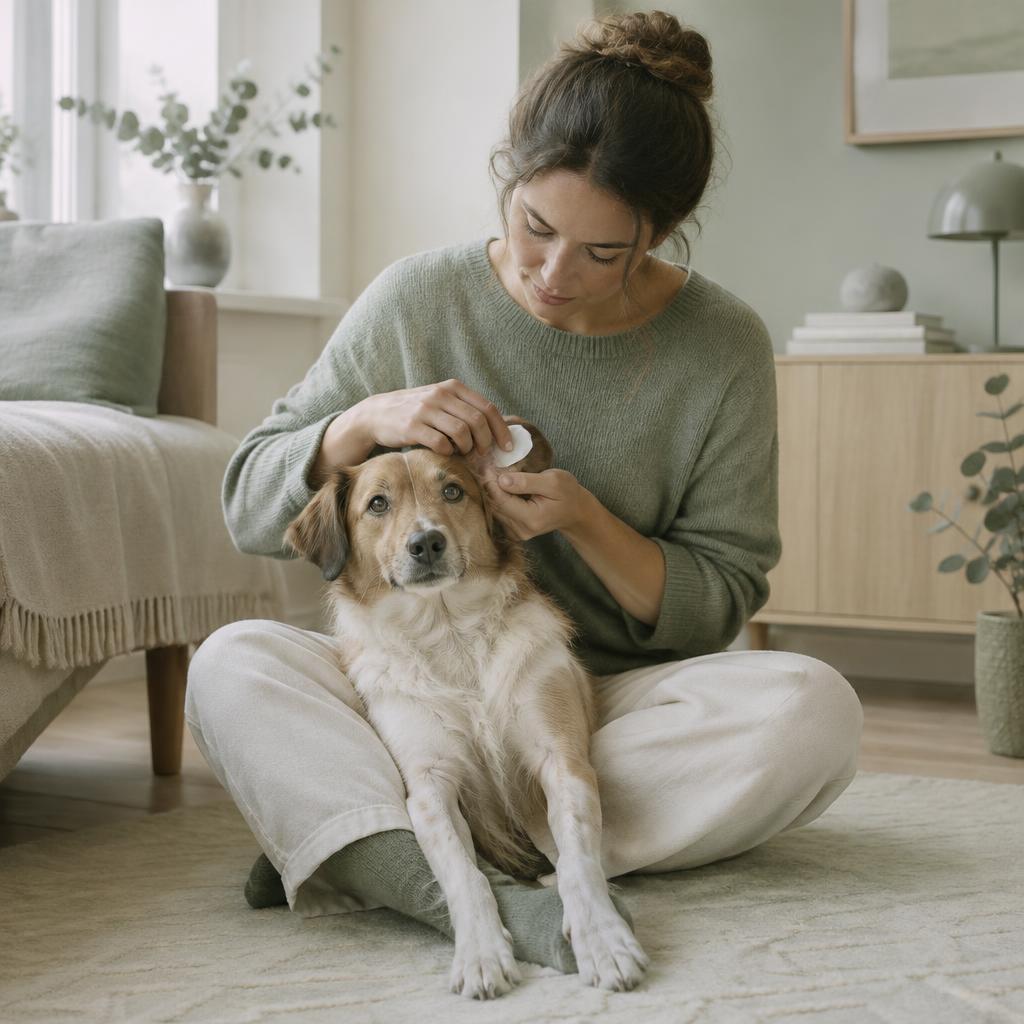 A dog sitting calmly between its owner's knees for ear care