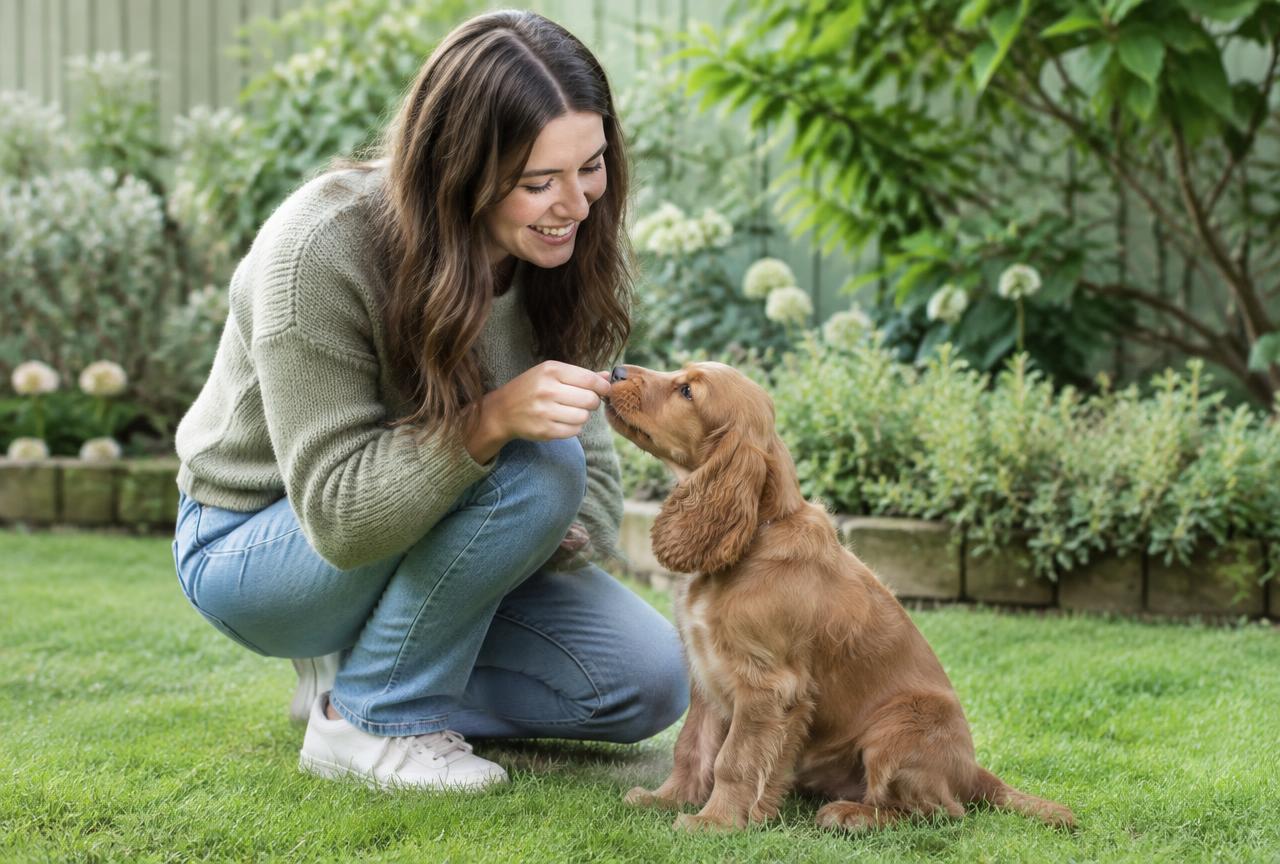 A smiling woman crouching on a garden lawn giving a small treat to a red cocker spaniel puppy