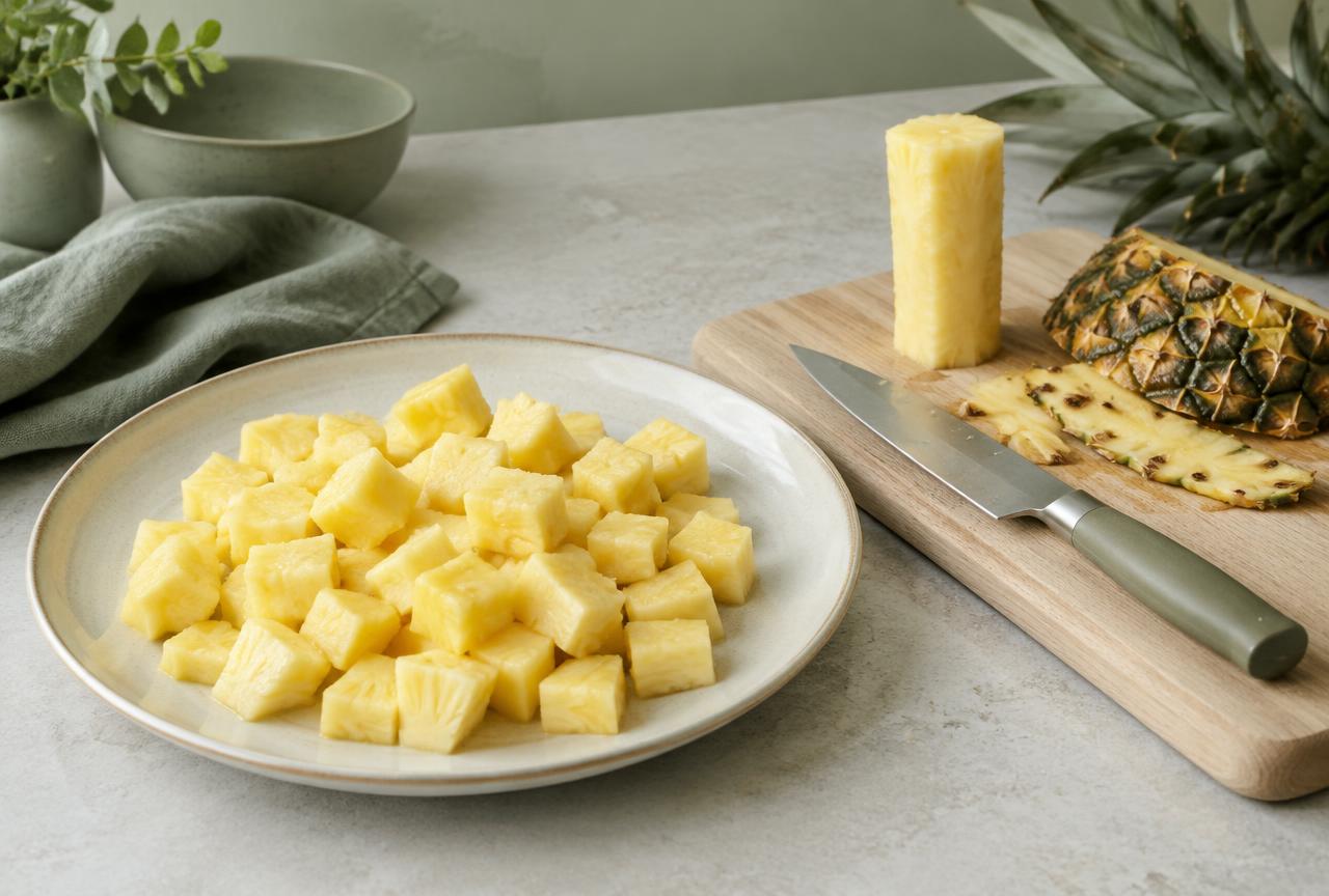 Fresh pineapple cubes on a pale plate with the removed core and skin to one side