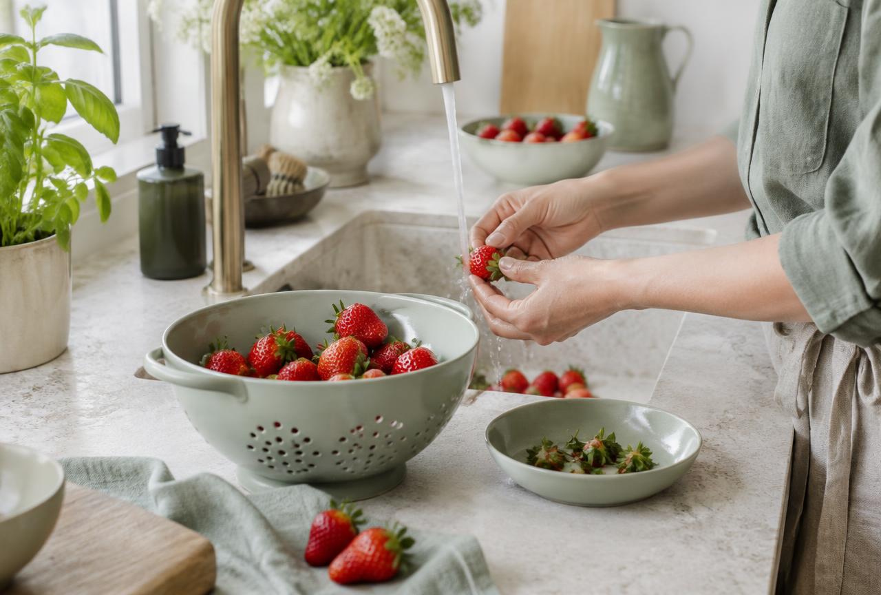 Hands washing and hulling strawberries at a kitchen sink